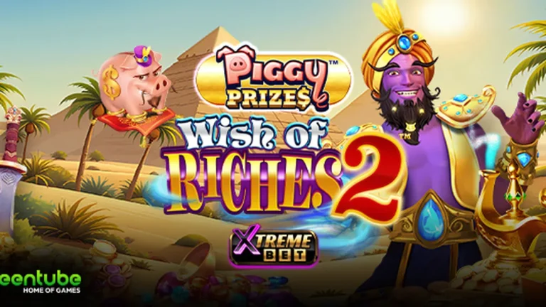 Tampilan visual Piggy Prizes Wish of Riches 2 dengan tema genie dan koin emas